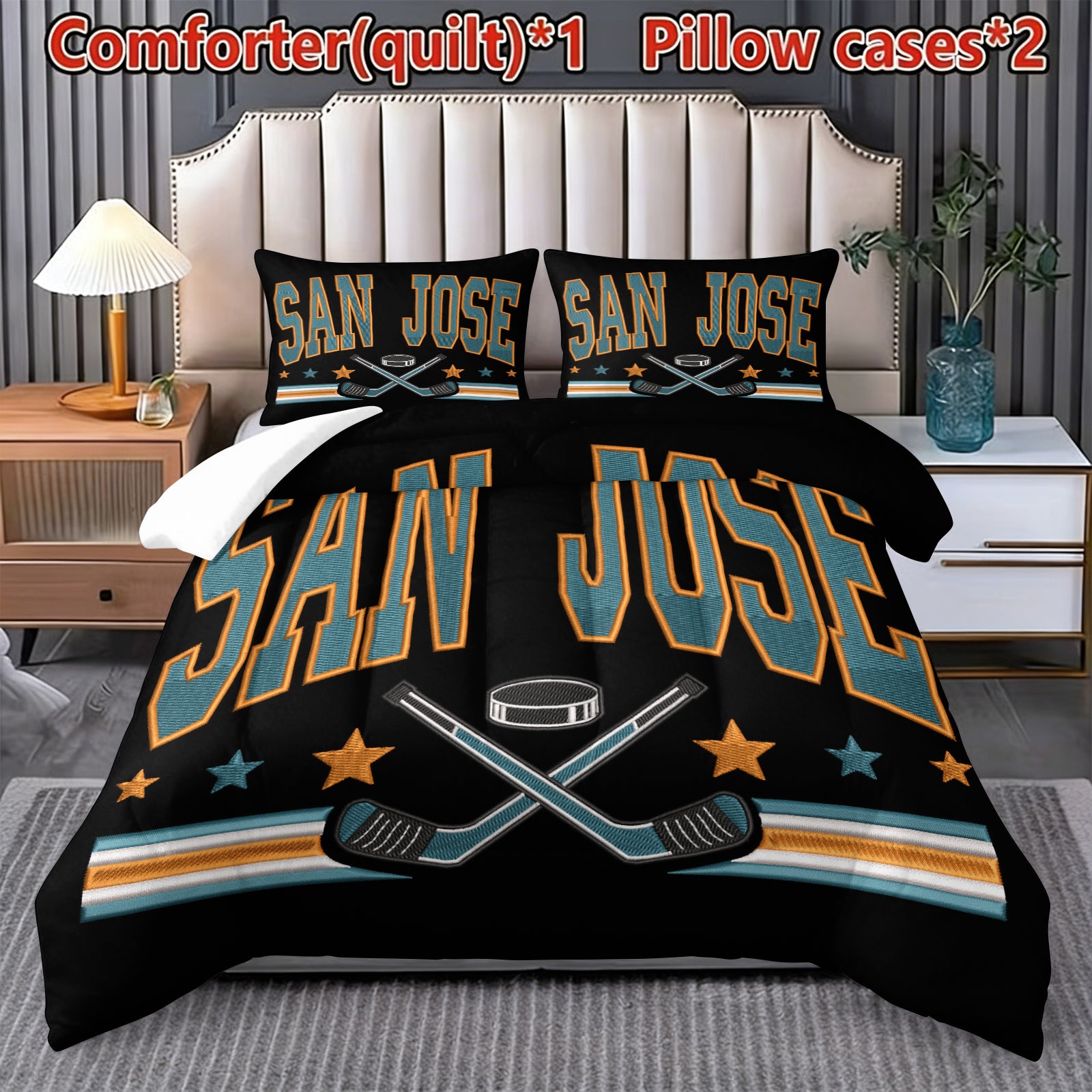 San Jose Sharks Hockey League Comforter Pillowcase Sets Blanket All Season Reversible Quilted Duvet