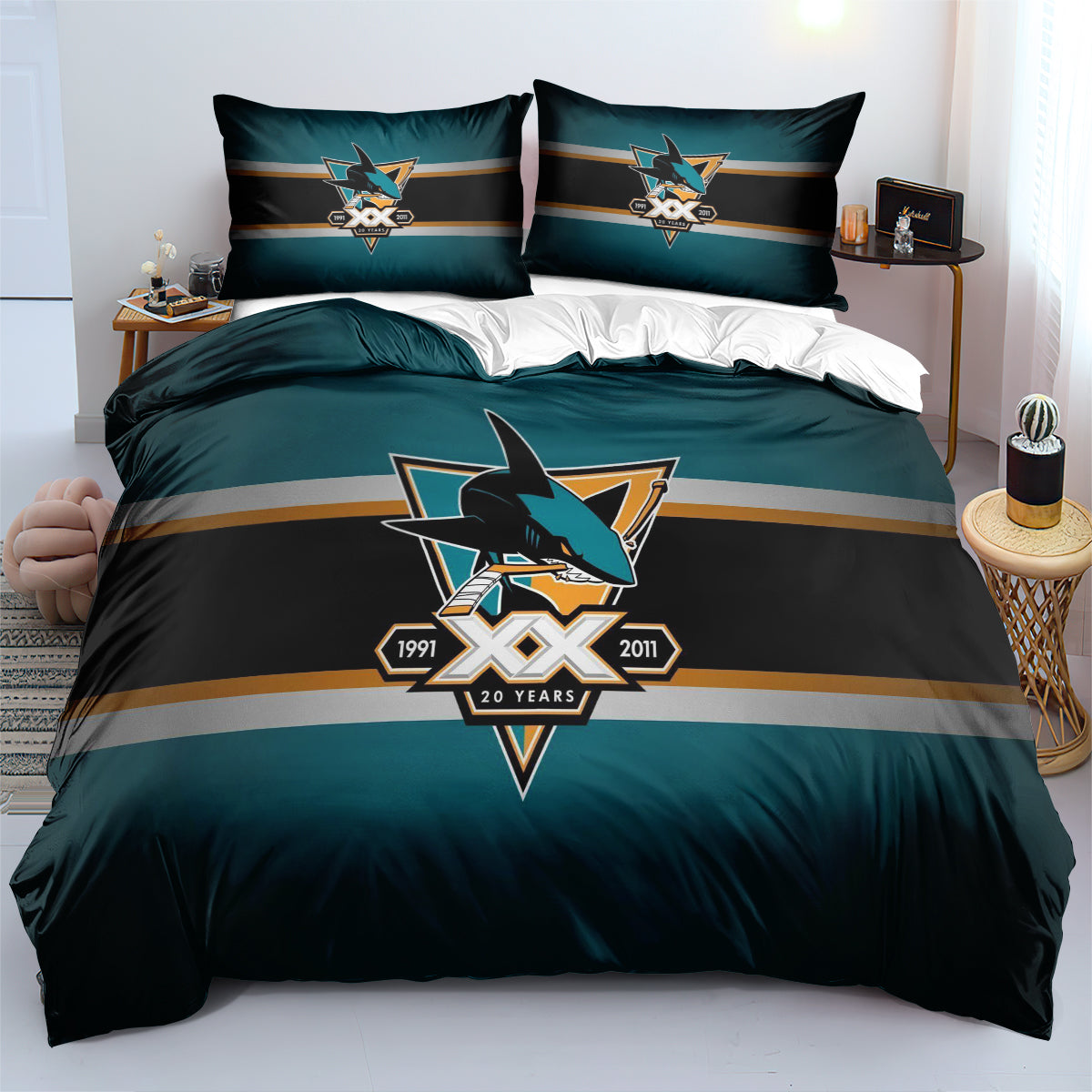 San Jose Sharks Hockey League Duvet Cover Quilt Case Pillowcases