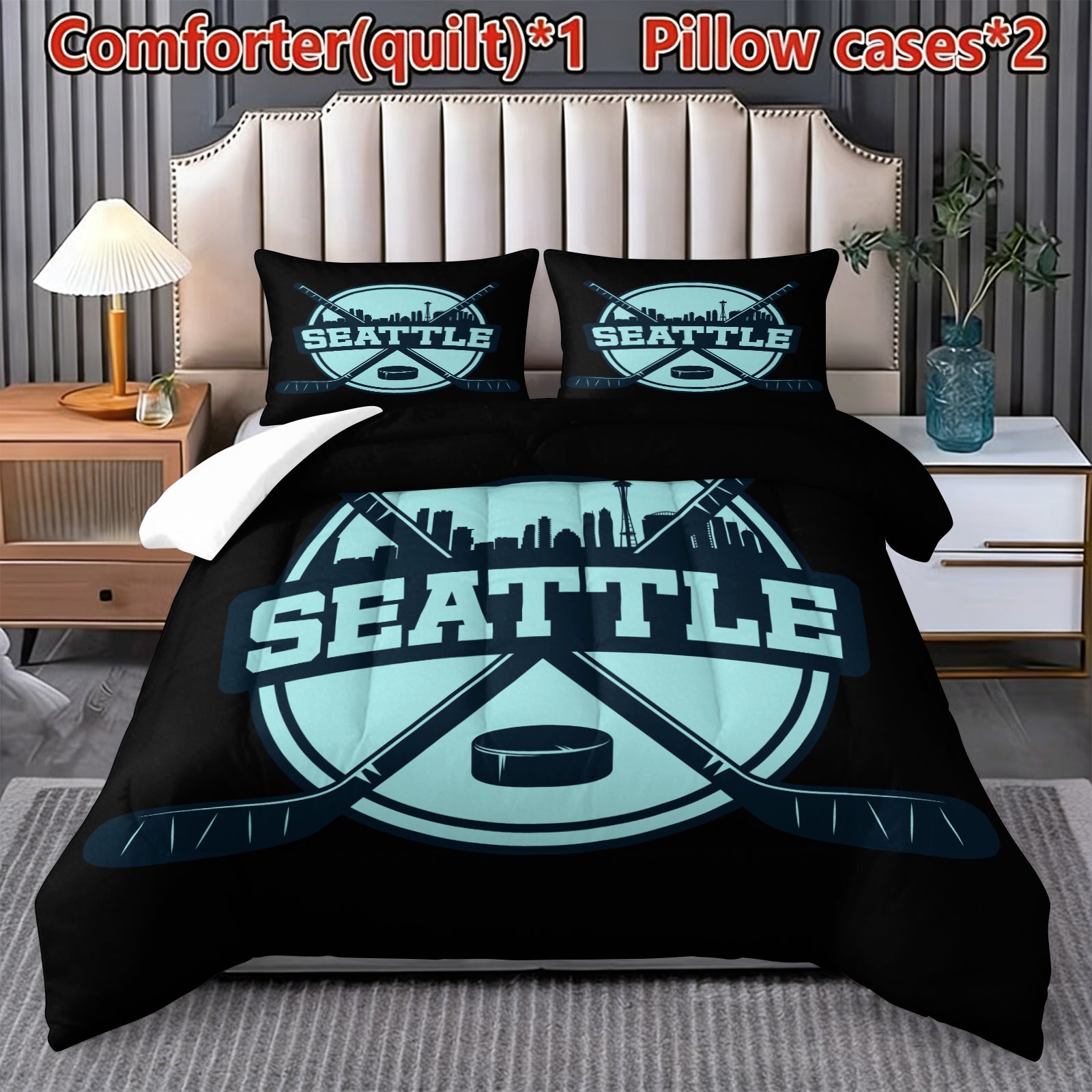 Seattle Kraken Hockey League Comforter Pillowcase Sets Blanket All Season Reversible Quilted Duvet