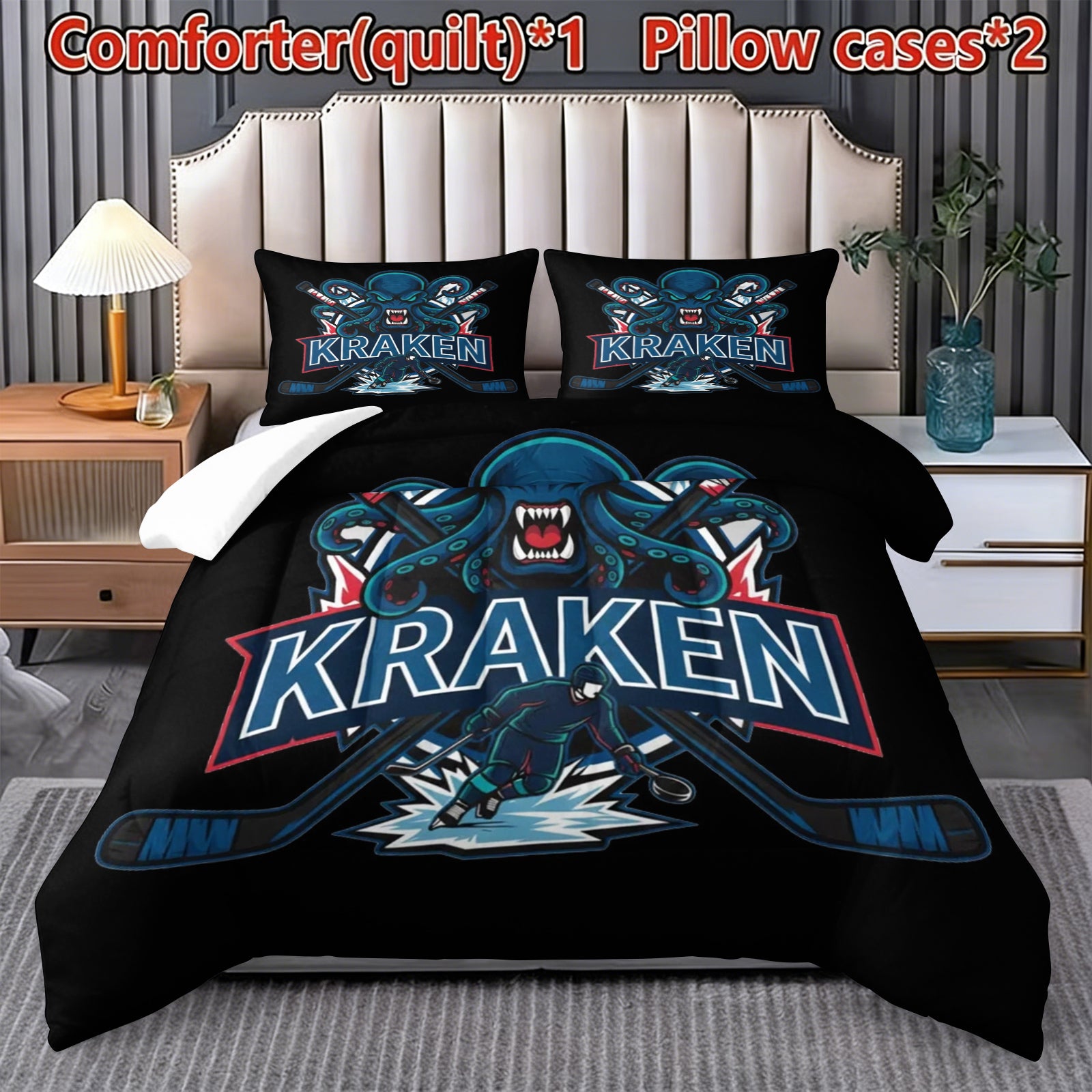 Seattle Kraken Hockey League Comforter Pillowcase Sets Blanket All Season Reversible Quilted Duvet