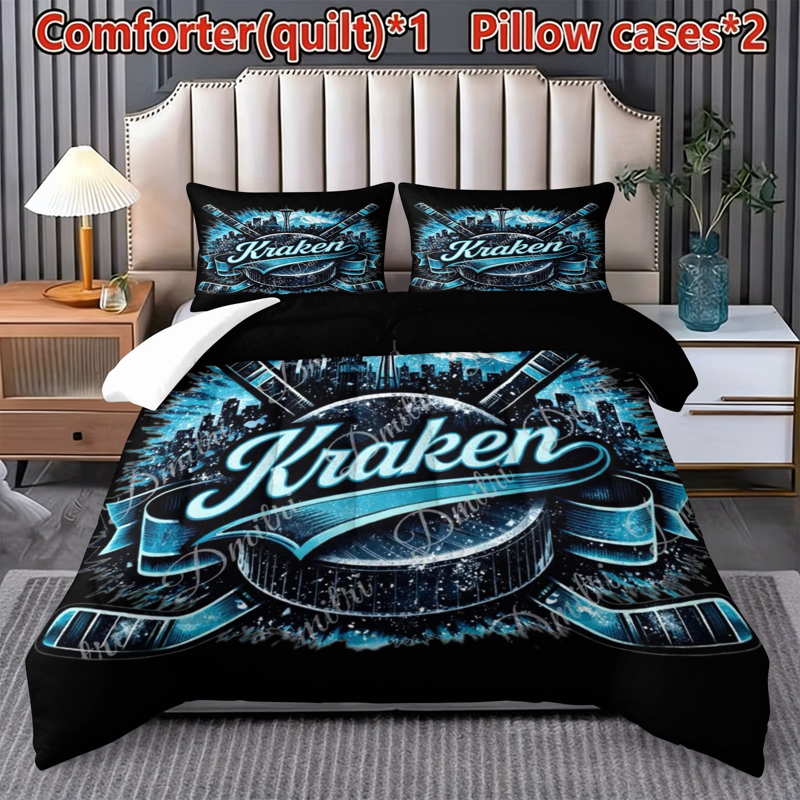 Seattle Kraken Hockey League Comforter Pillowcase Sets Blanket All Season Reversible Quilted Duvet