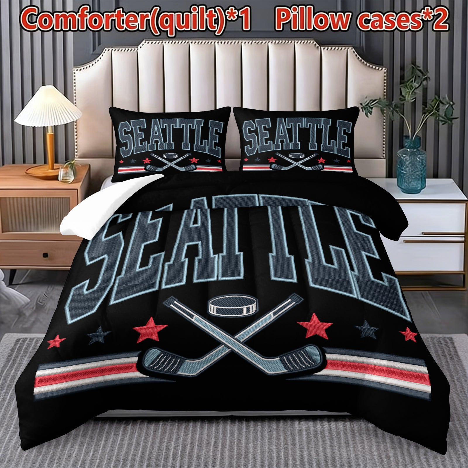 Seattle Kraken Hockey League Comforter Pillowcase Sets Blanket All Season Reversible Quilted Duvet