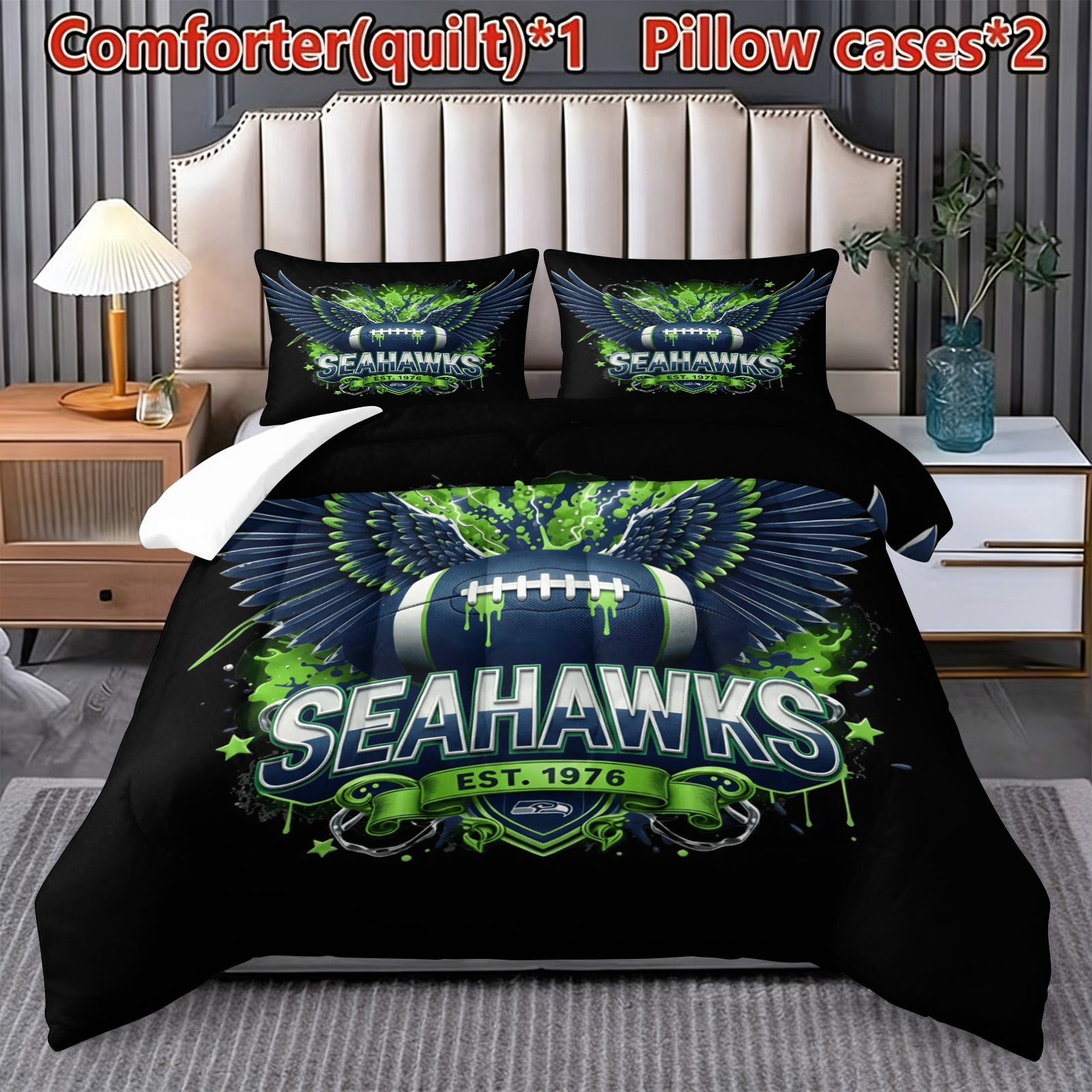Seattle Seahawks Comforter Pillowcase Sets Blanket All Season Reversible Quilted Duvet