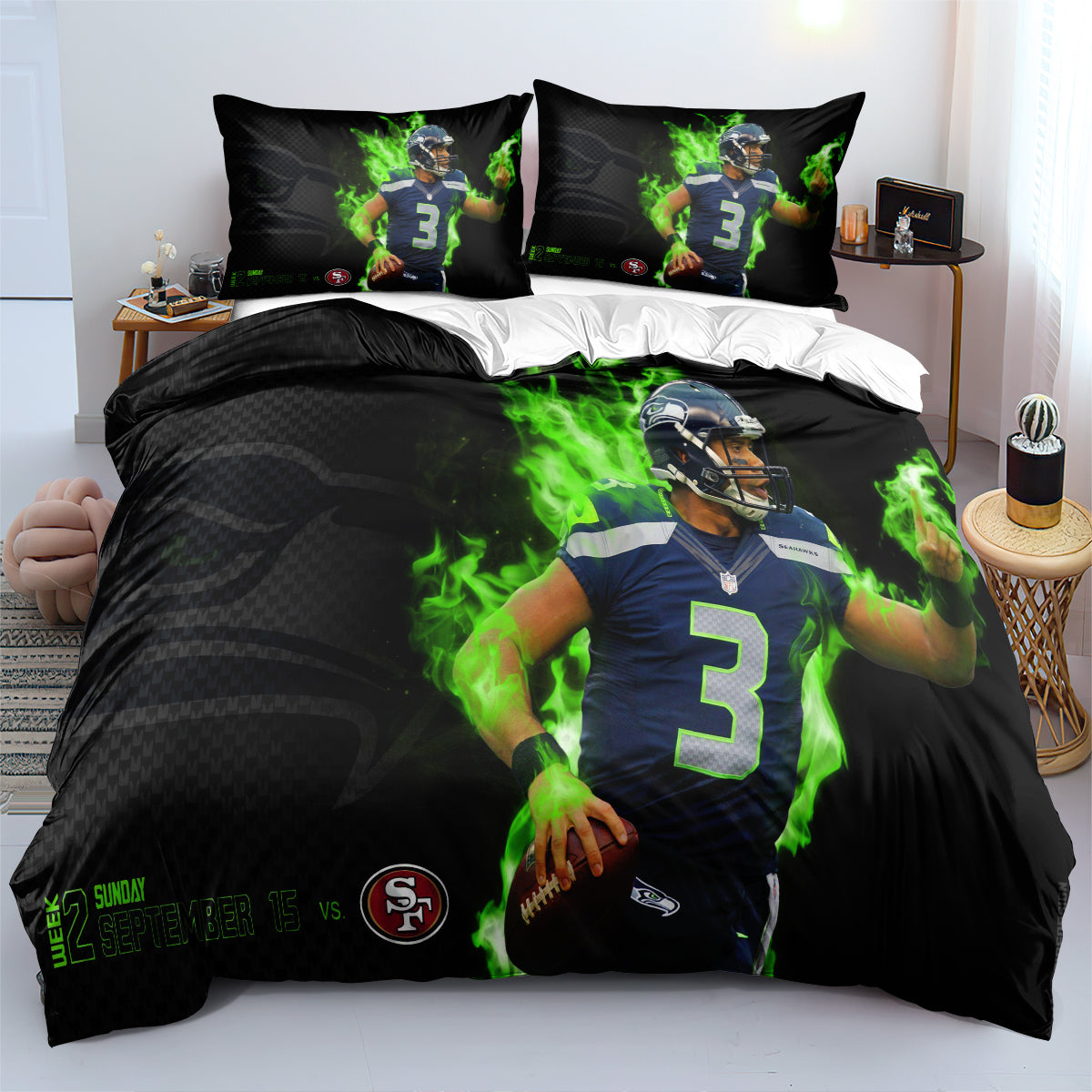 Seattle Seahawk Football League Duvet Cover Quilt Case Pillowcase Bedding Set