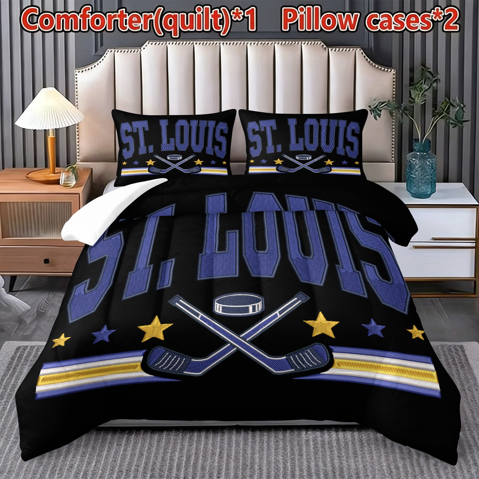 St Louis Blues Hockey League Comforter Pillowcase Sets Blanket All Season Reversible Quilted Duvet