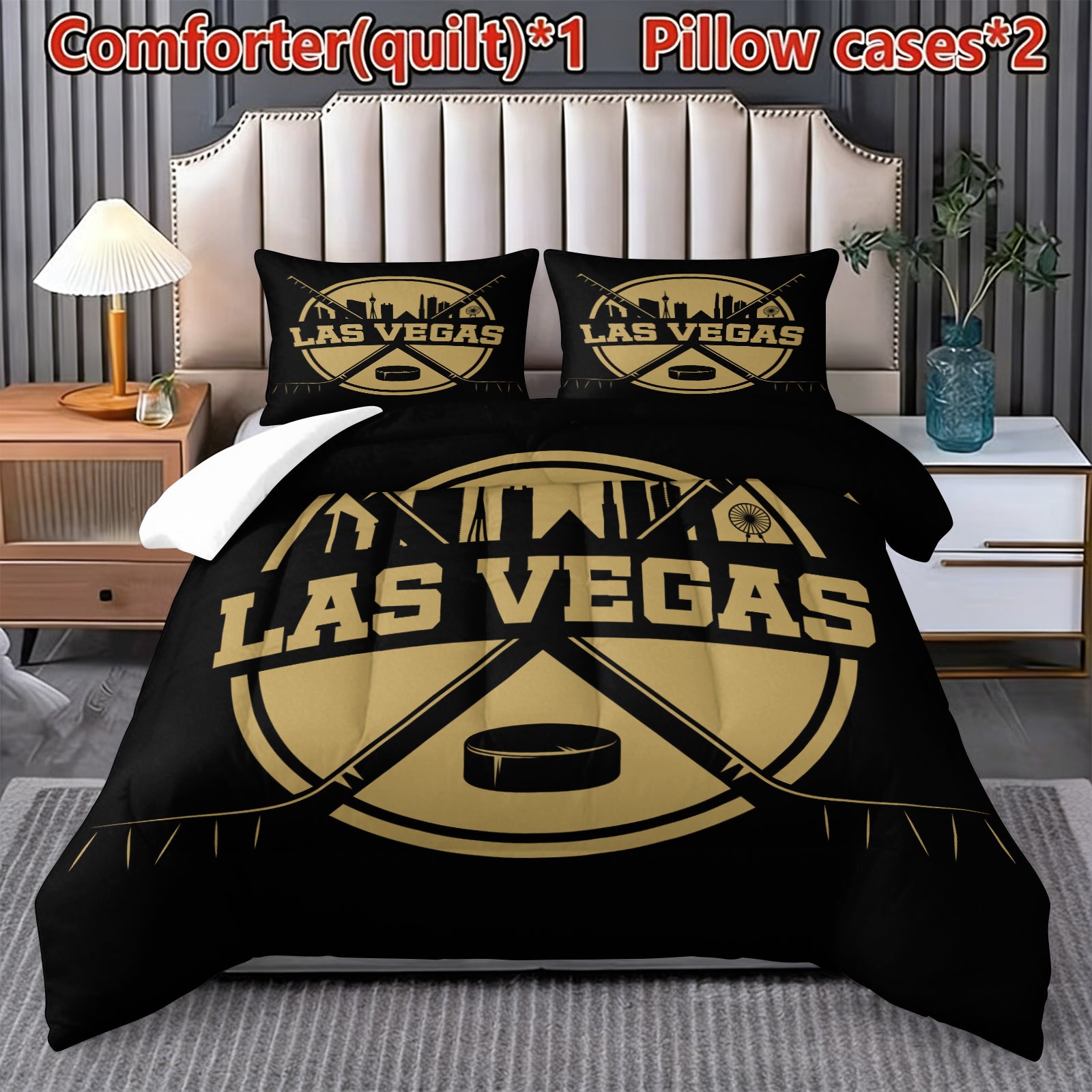 Vegas Golden Knights Hockey League Comforter Pillowcase Sets Blanket All Season Reversible Quilted Duvet