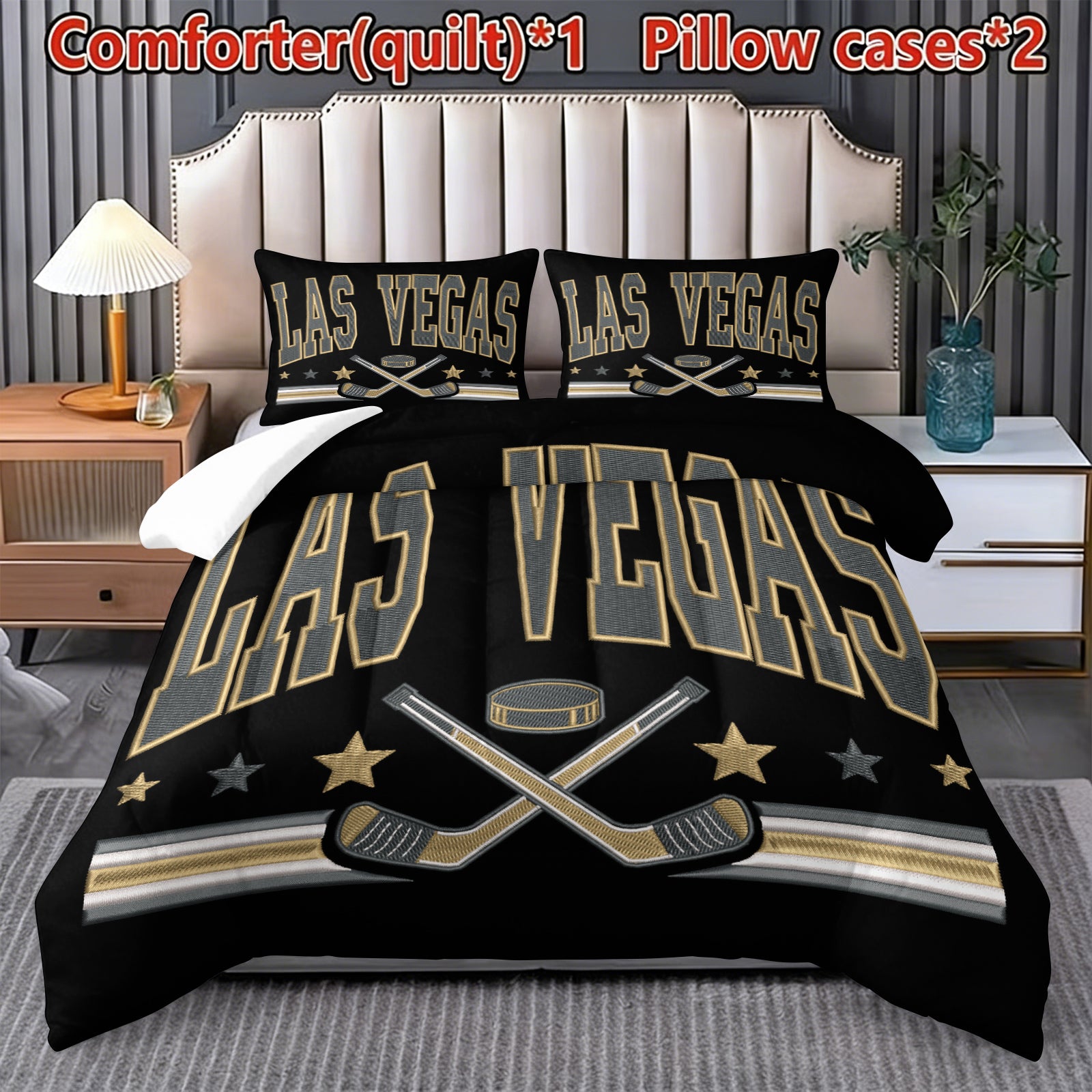 Vegas Golden Knights Hockey League Comforter Pillowcase Sets Blanket All Season Reversible Quilted Duvet