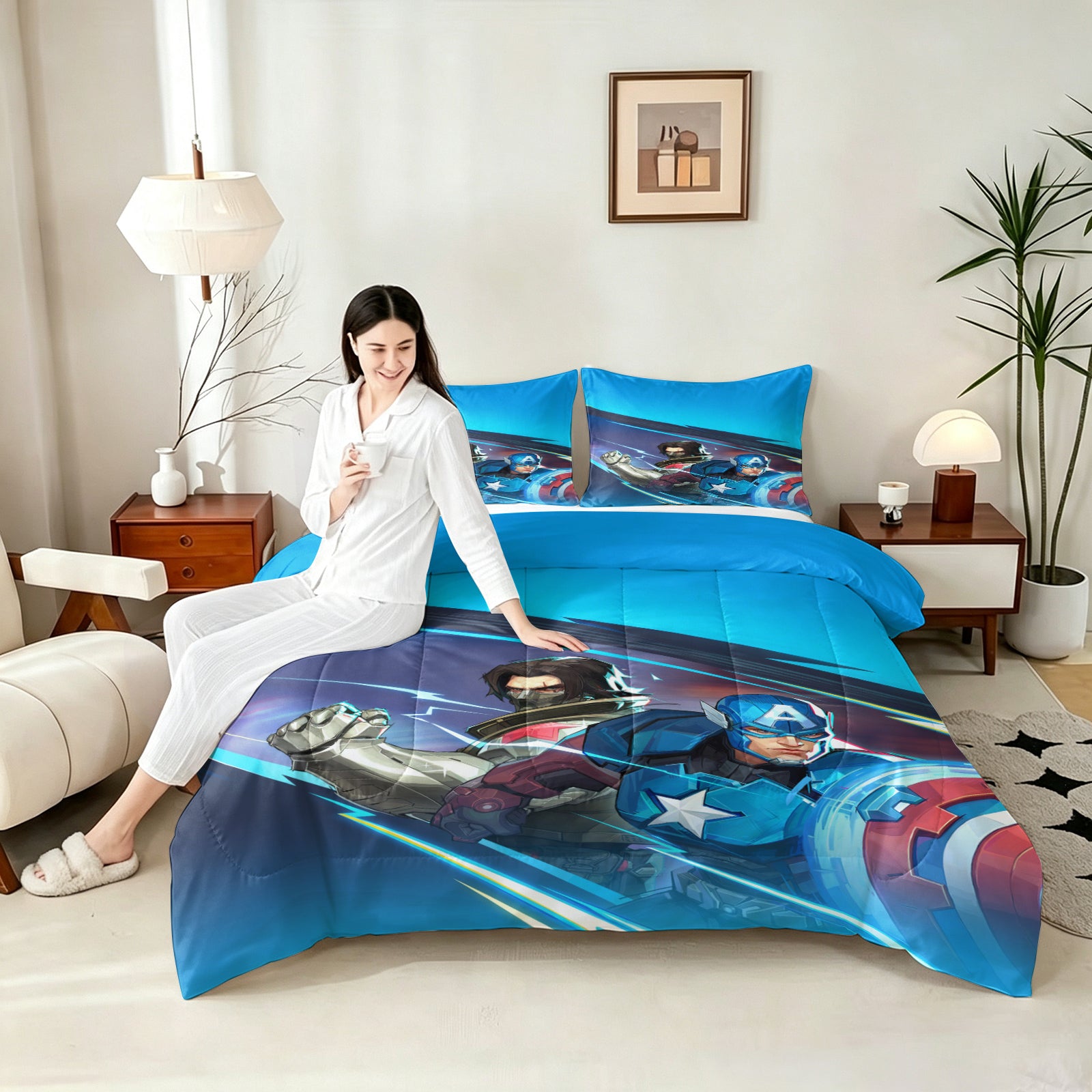 ‌Marvel Rivals Captain America Comforter Pillowcase Sets Blanket All Season Reversible Quilted Duvet
