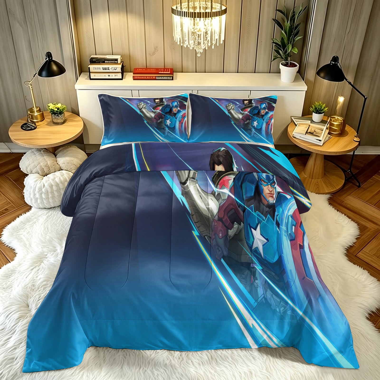‌Marvel Rivals Captain America Comforter Pillowcase Sets Blanket All Season Reversible Quilted Duvet