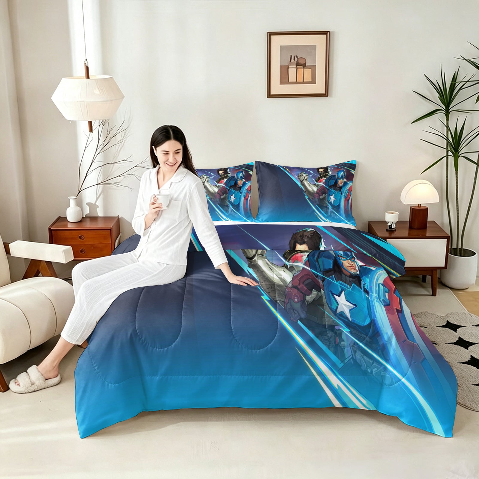 ‌Marvel Rivals Captain America Comforter Pillowcase Sets Blanket All Season Reversible Quilted Duvet