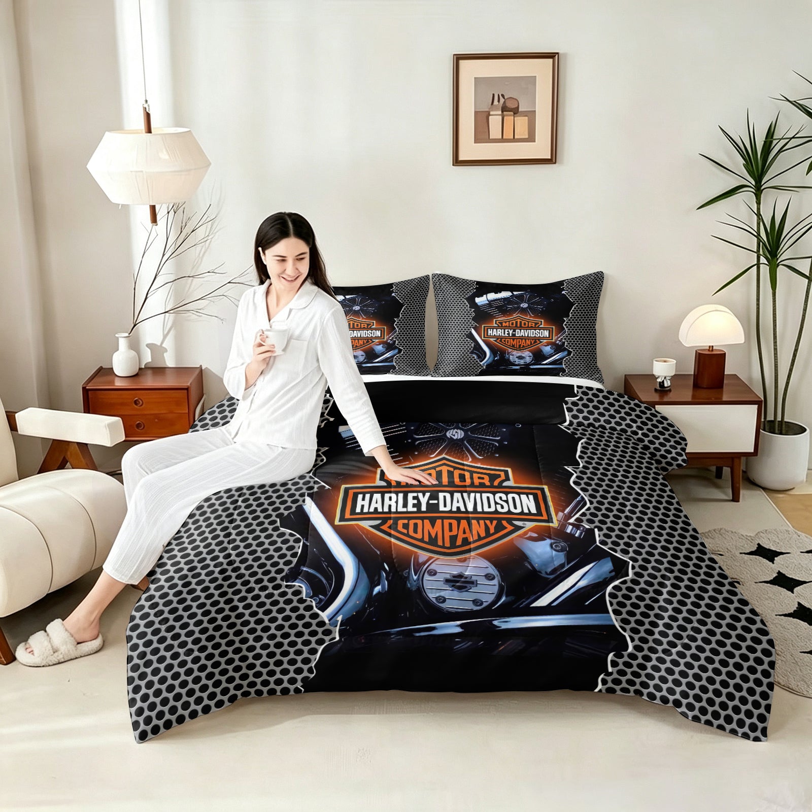 Harley Davidson Motorcycle Comforter Pillowcase Sets Blanket All Season Reversible Quilted Duvet