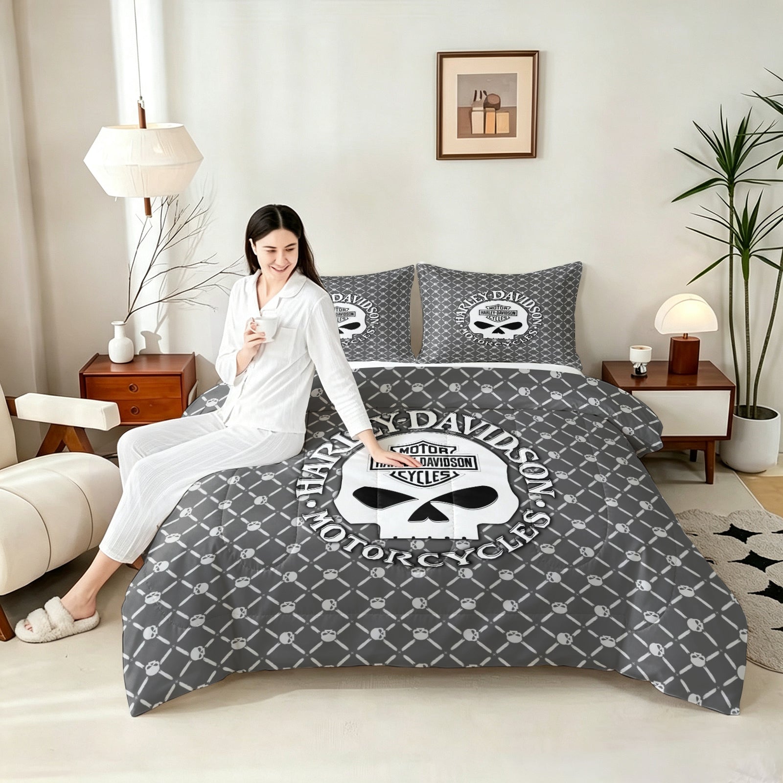 Harley Davidson Motorcycle Comforter Pillowcase Sets Blanket All Season Reversible Quilted Duvet