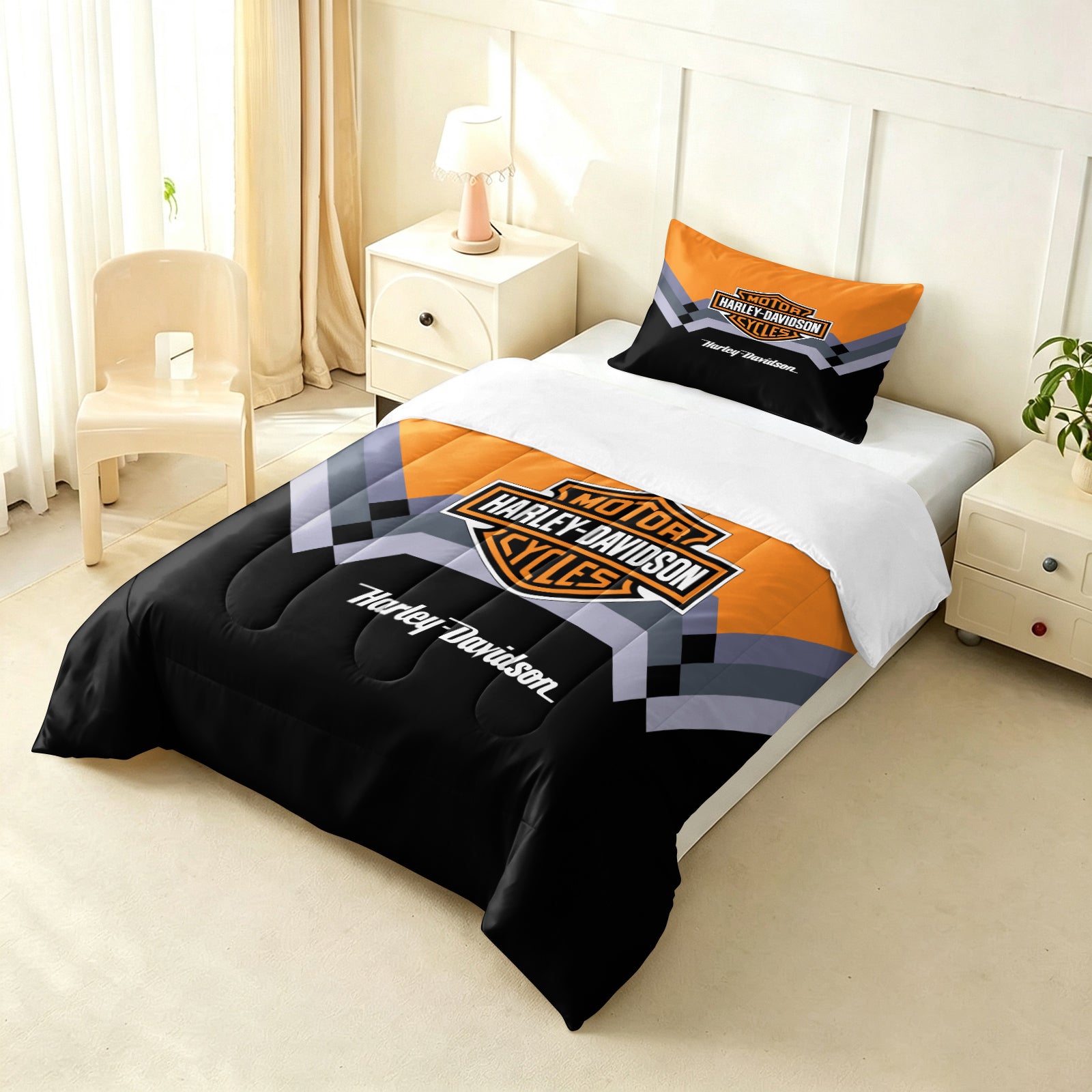 Harley Davidson Motorcycle Comforter Pillowcase Sets Blanket All Season Reversible Quilted Duvet