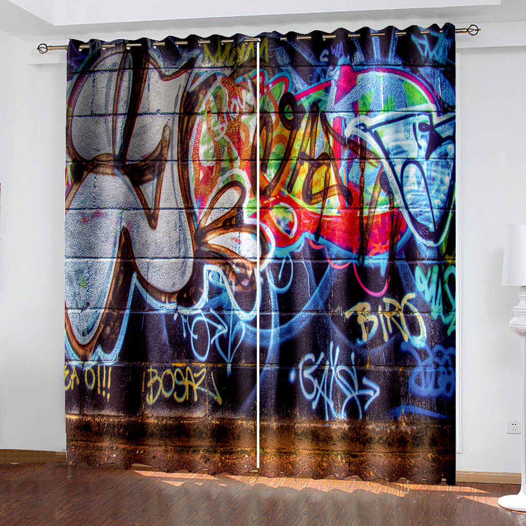 2024 NEW 3D Cafe Hip Hop Street Graffiti Curtains Blackout Window Treatments Drapes