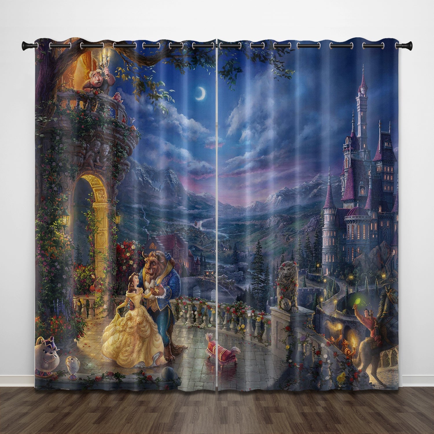 2024 NEW Cartoon Beauty and the Beast Curtains Pattern Blackout Window Drapes