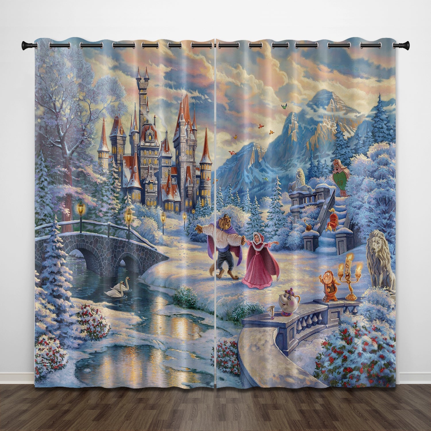 2024 NEW Cartoon Beauty and the Beast Curtains Pattern Blackout Window Drapes