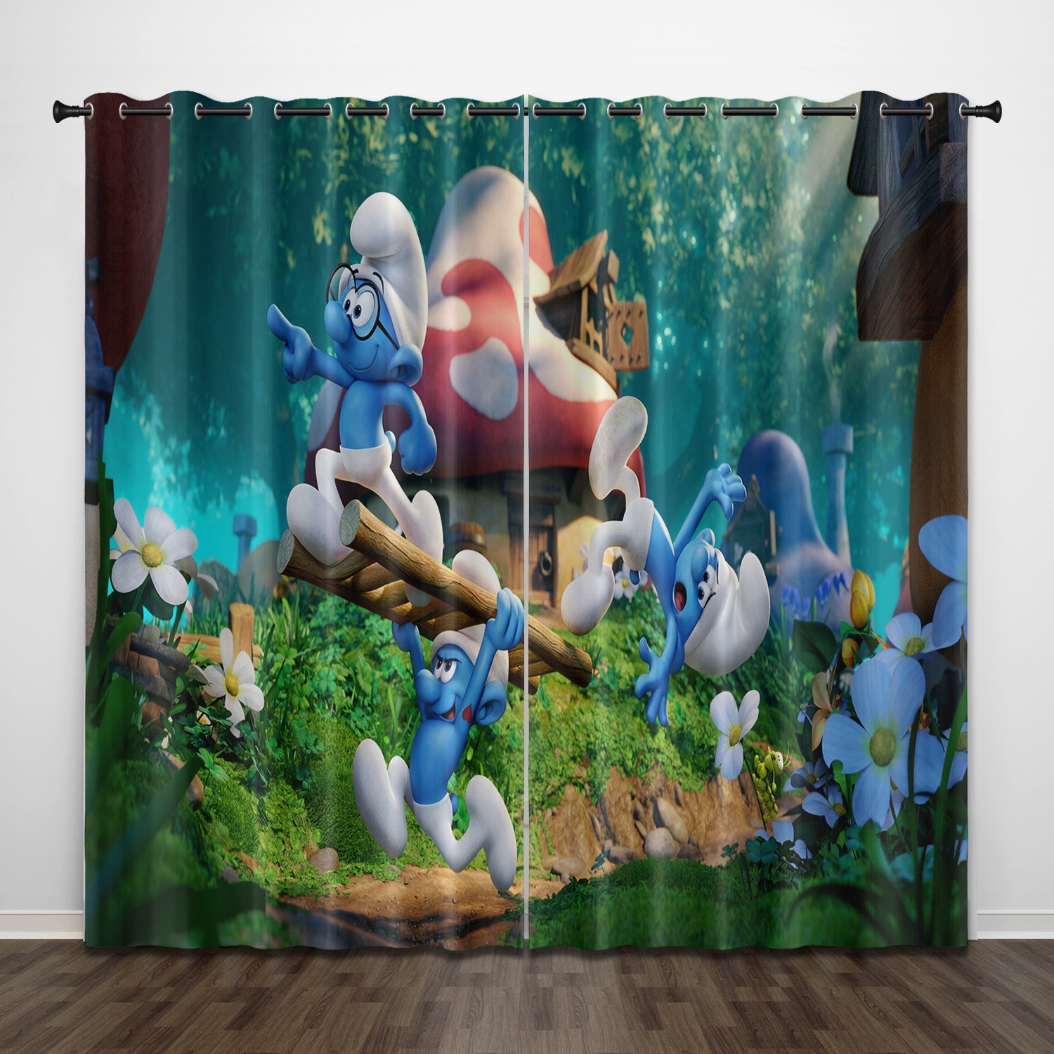 2024 NEW Cartoon The Smurfs Curtains Pattern Blackout Window Drapes