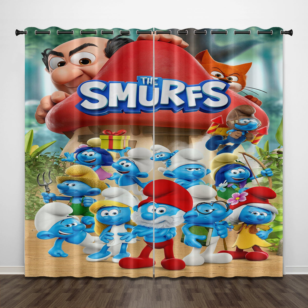 2024 NEW Cartoon The Smurfs Curtains Pattern Blackout Window Drapes