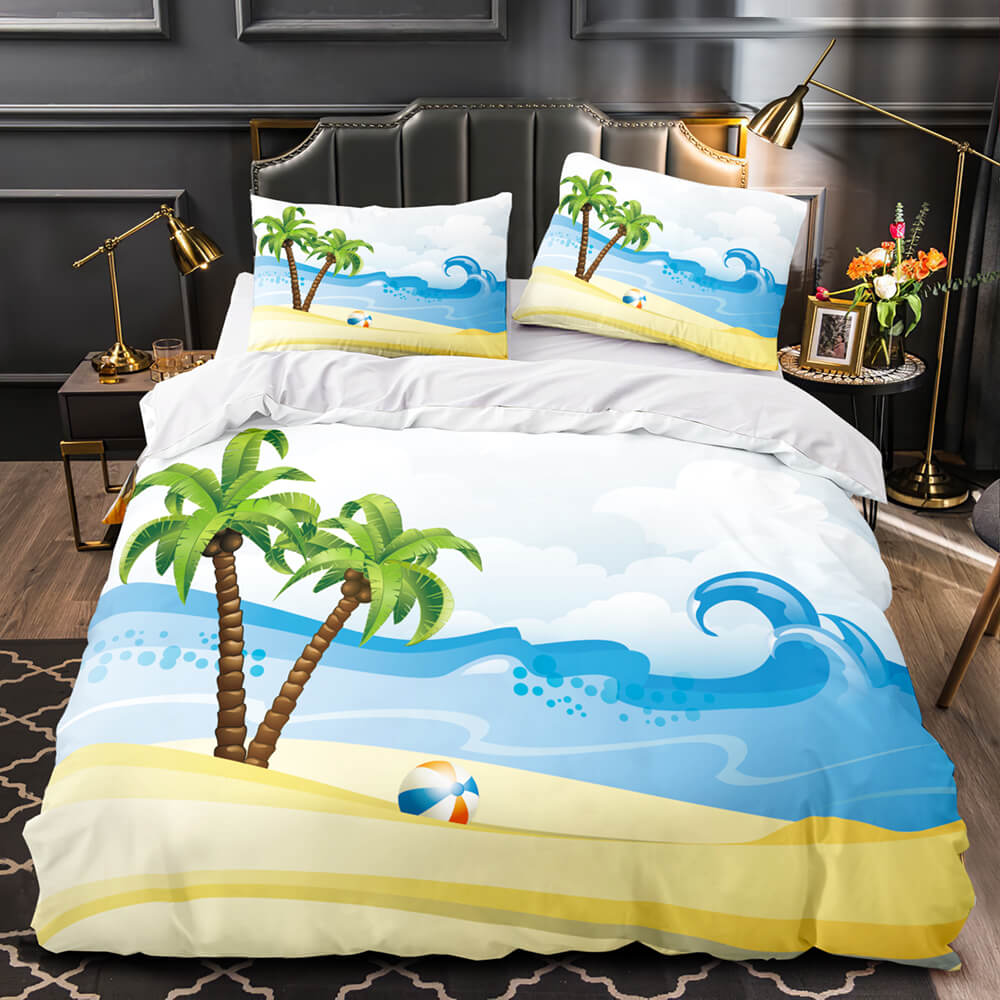 2024 NEW Ocean Beach Themed Coconut Tree Bedding Sets Quilt Duvet Cover Bed Linen