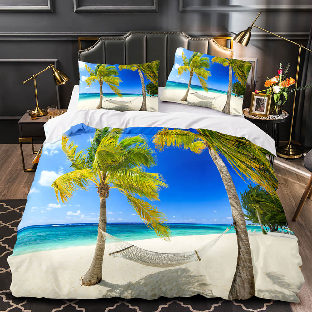 2024 NEW Ocean Beach Themed Coconut Tree Bedding Sets Quilt Duvet Cover Bed Linen