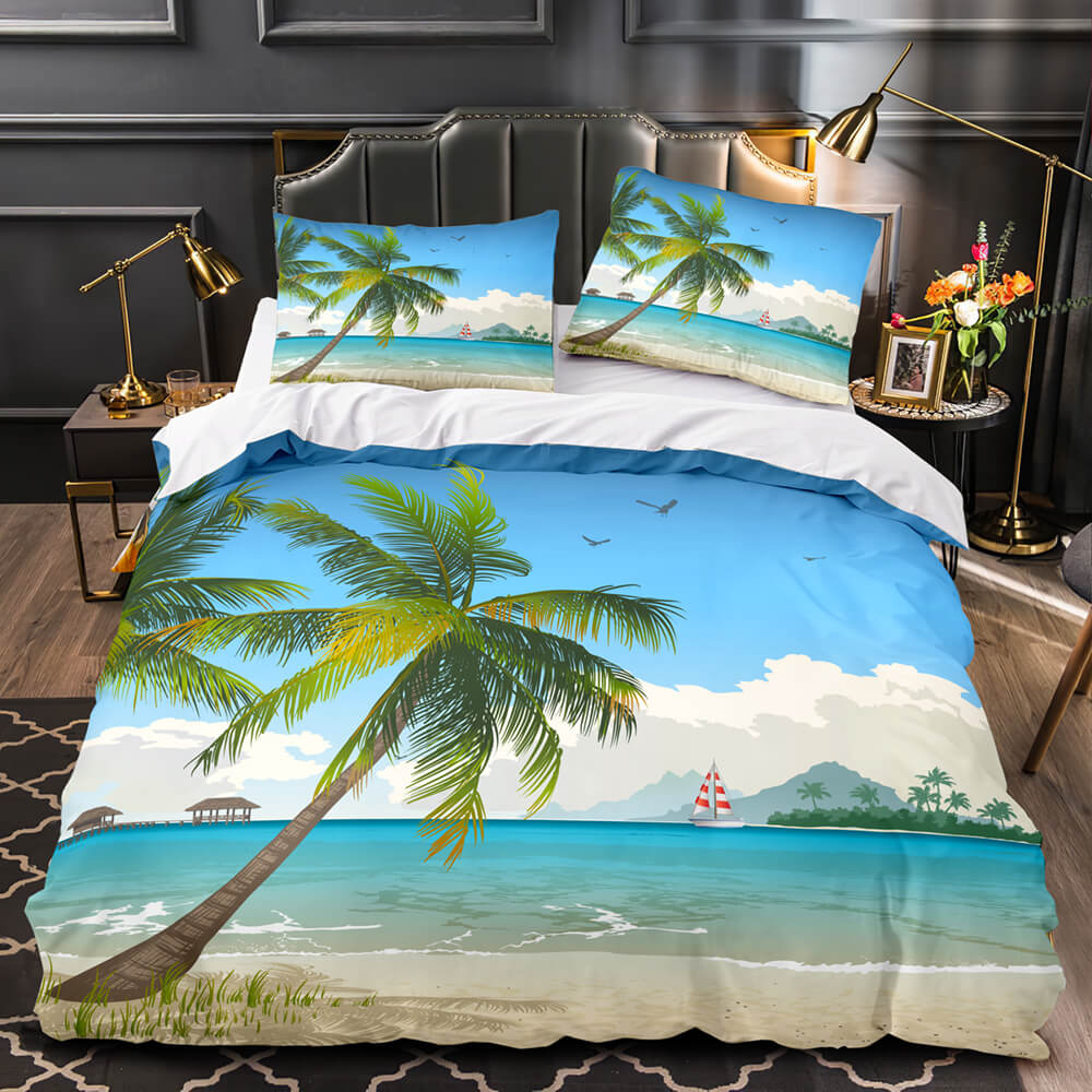 2024 NEW Ocean Beach Themed Coconut Tree Bedding Sets Quilt Duvet Cover Bed Linen